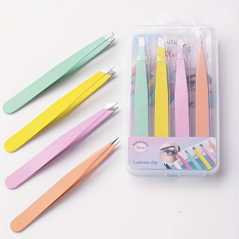 4-Piece Stainless Steel Eyebrow Tweezers – Slanted Precision Set Eyebrow Tweezers Set Axl Multicolored
