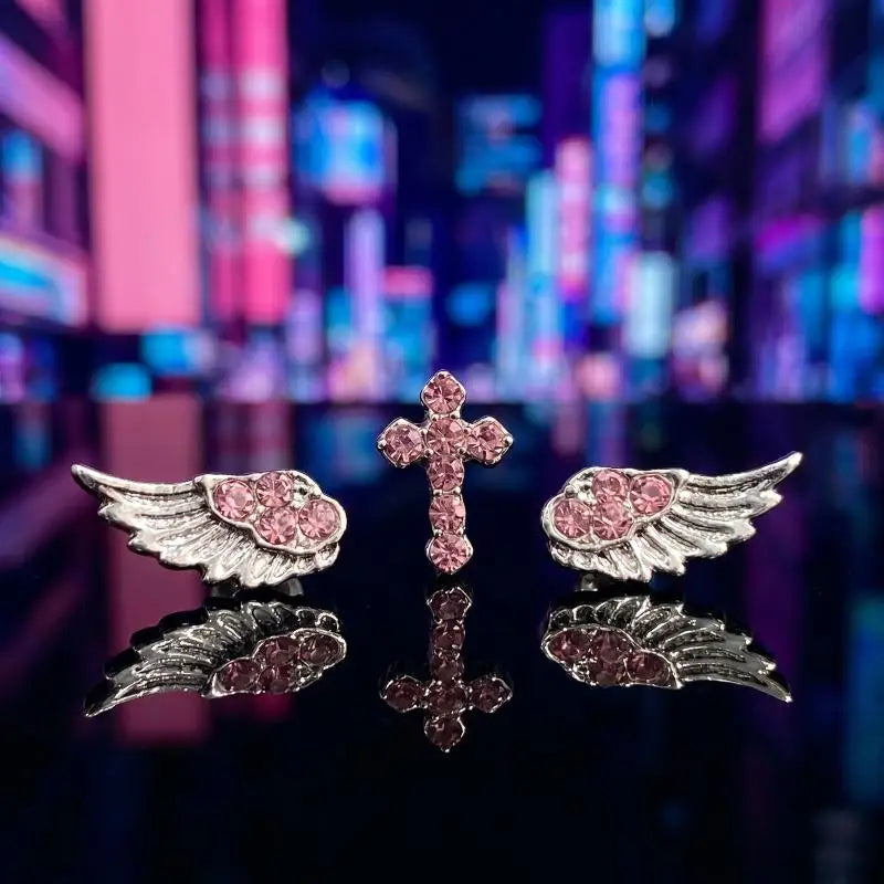 Vintage Punk Pink Zircon Wing Cross Earrings Set 3/4 Pcs Piercing Earrings Set Axl