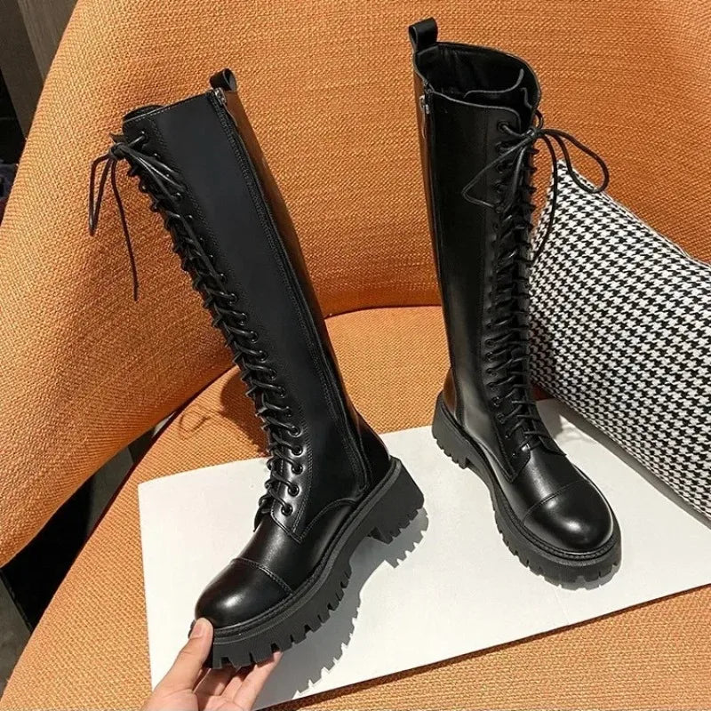 Women's Lace-Up Knight Boots | British Style Thick Sole Winter Women's Winter Boots Axl