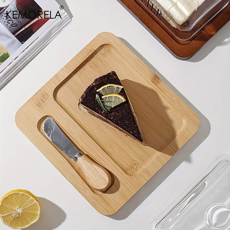 KEMORELA Wood Butter Dish with Glass Lid & Knife | Cheese Plate Butter Dish Set Axl