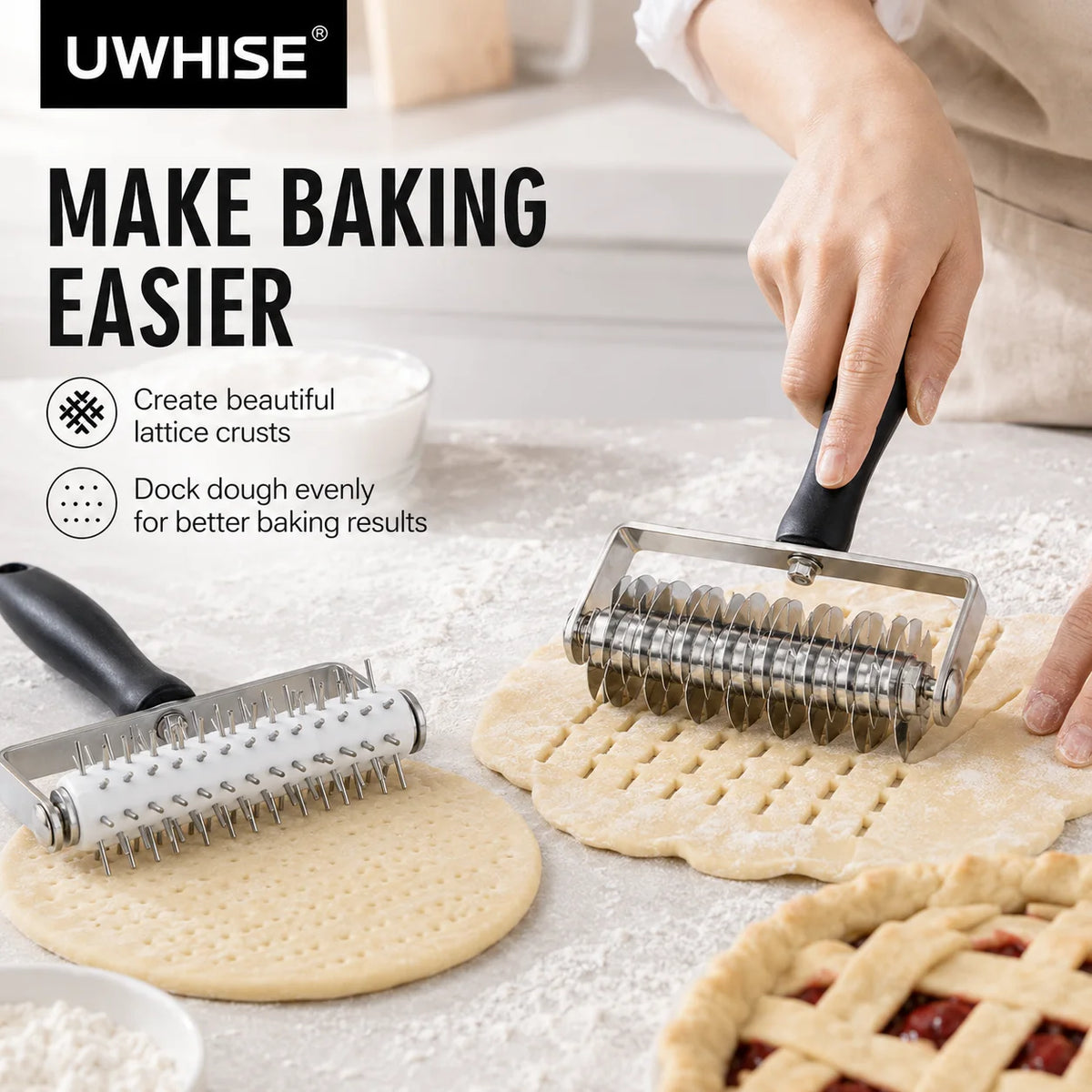 Uwhise Stainless Steel Pastry Lattice Roller Cutter & Dough Docker Pastry Baking Tool Axl