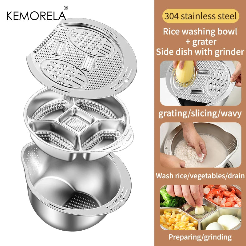 KEMORELA 3-in-1 Stainless Steel Rice Washer Bowl & Colander Kitchen Colander Axl 3 in 1