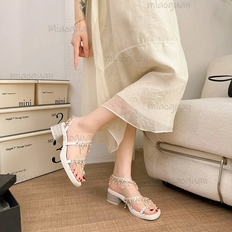 Bohemian Women's High Heel Sandals – Rhinestone Pearl Clip Toe Heeled Sandals Axl