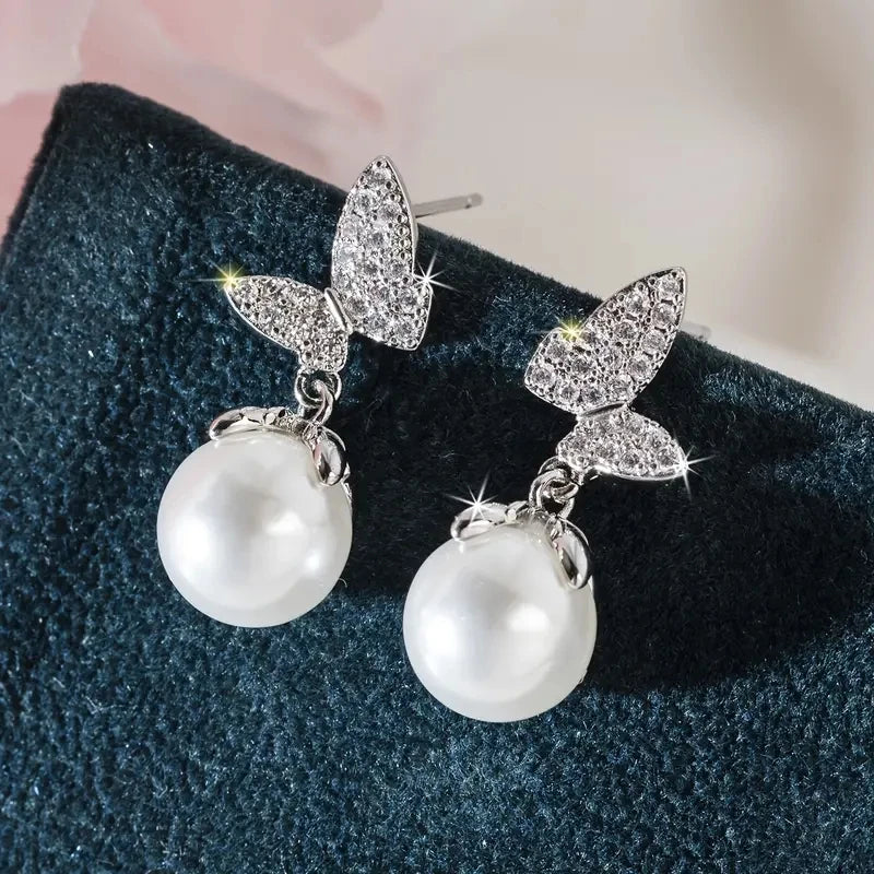 Huitan Butterfly Drop Earrings with Imitation Pearl | Women Drop Earrings Axl