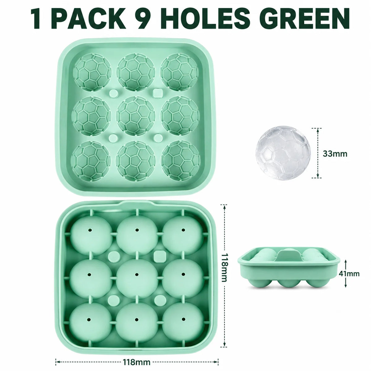 3D Soccer Ball Silicone Ice Mold – 9-Cavity Football Sphere Tray Silicone Ice Mold Axl 1 PACK 9 Holes Green