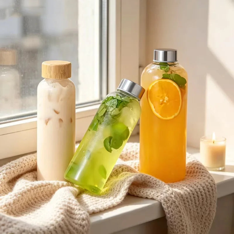 Borosilicate Glass Bottle with Bamboo Lid – Leak-Proof Reusable Glass Water Bottle Axl