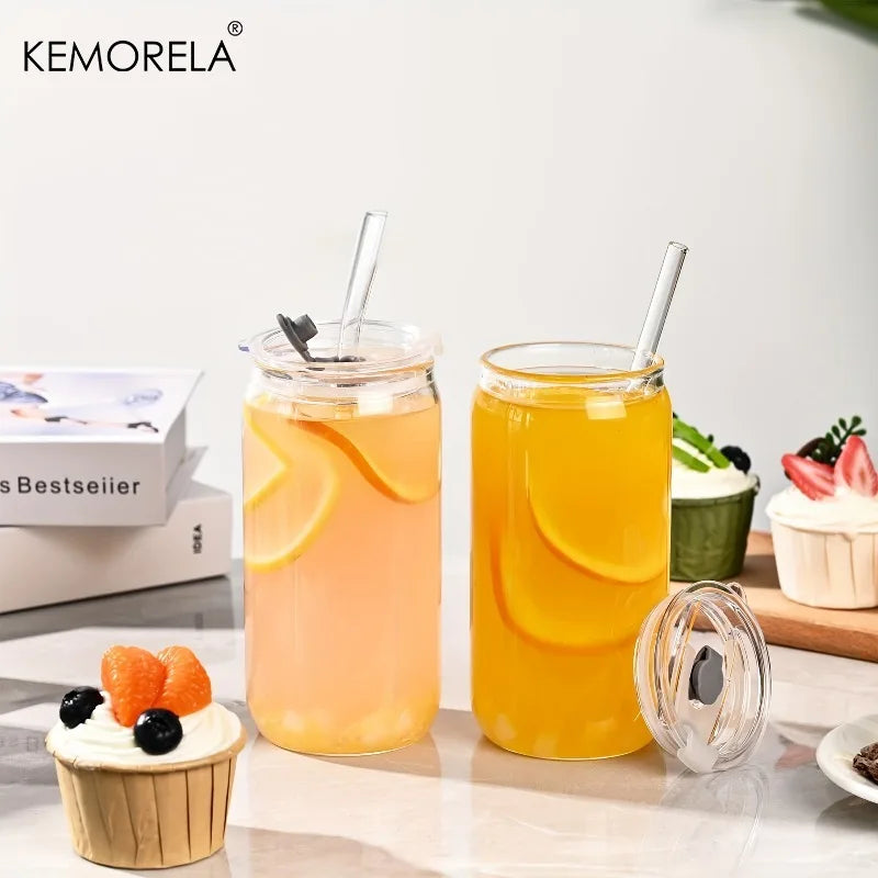 KEMORELA 470ml Glass Cup with Straw Lid | 1 or 2 Pack Glass Drinkware Set Axl
