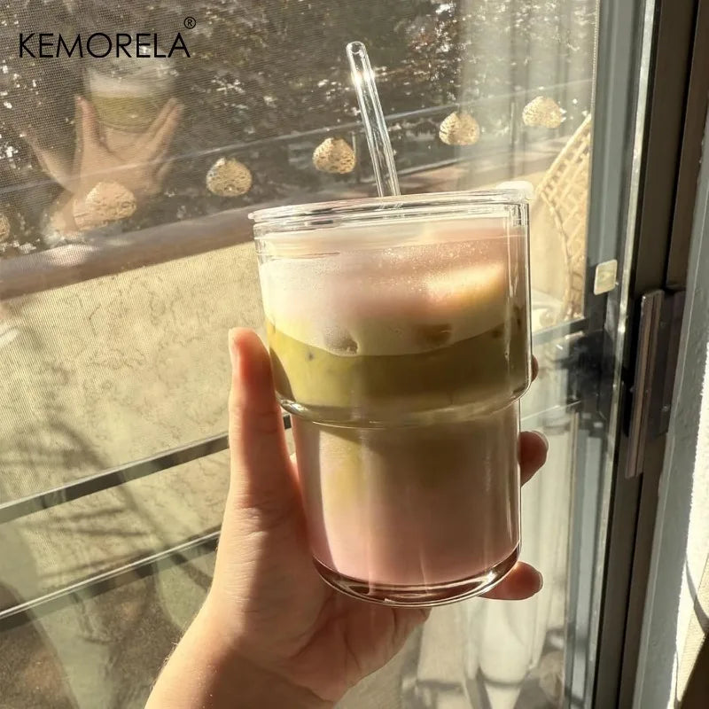 KEMORELA 420ml Glass Tumbler with Straw & Leak-Proof Lid Glass Tumbler Axl