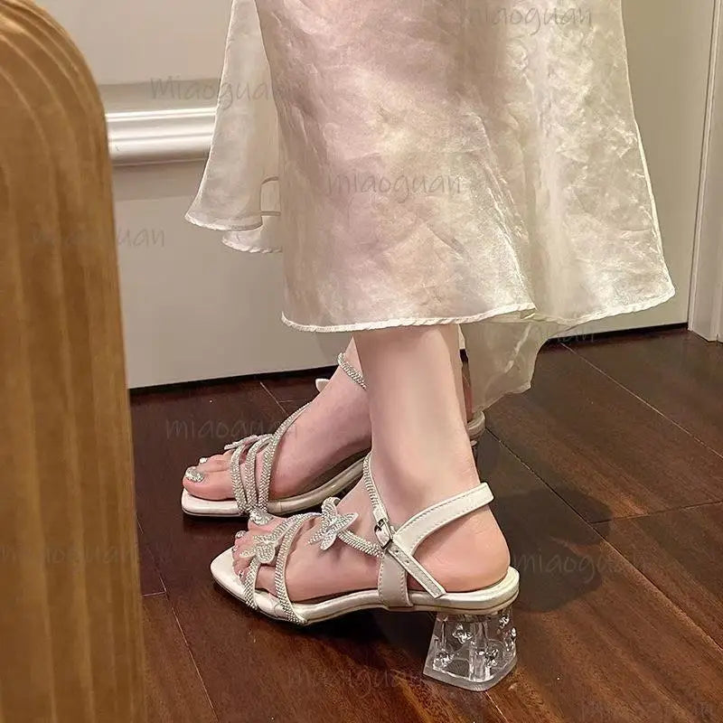 Crystal Butterfly Block Heel Sandals – Rhinestone Party Pumps Block Heel Sandals Axl