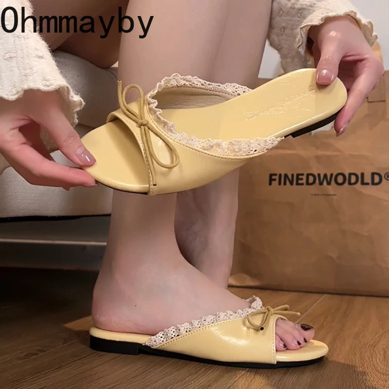 Women's Butterfly-Knot Flat Slides – Open Toe Summer Slippers Flat Slide Slippers Axl