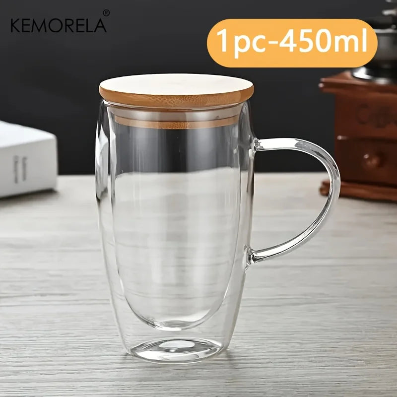 KEMORELA Double Wall Glass Coffee Mug 350/450ml – Bamboo Lid Glass Coffee Mug Axl 450ML 301-400ml
