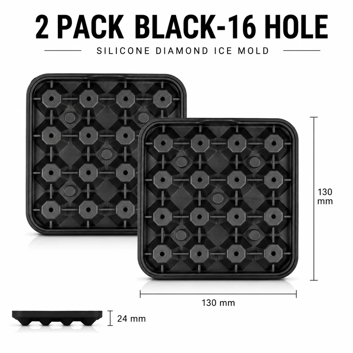 Diamond Ice Cube Tray 16-Cavity Silicone Mold for Cocktails Silicone Ice Tray Axl 2 PACK Black-16 Hole