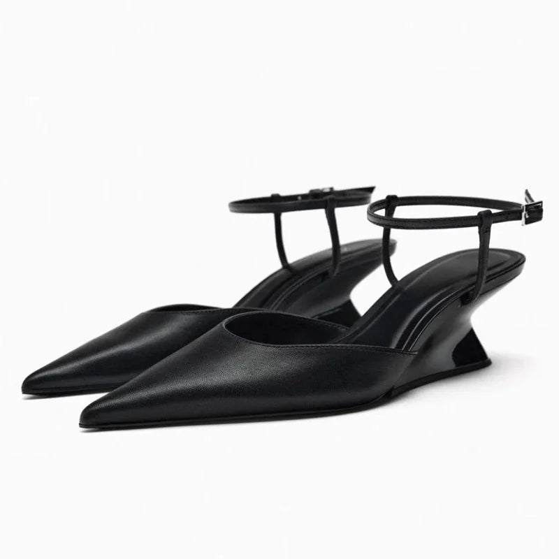 Women's Pointed Toe Wedge Sandals – Buckle Ankle Strap Wedge Sandals Axl Black 6.5CM 35