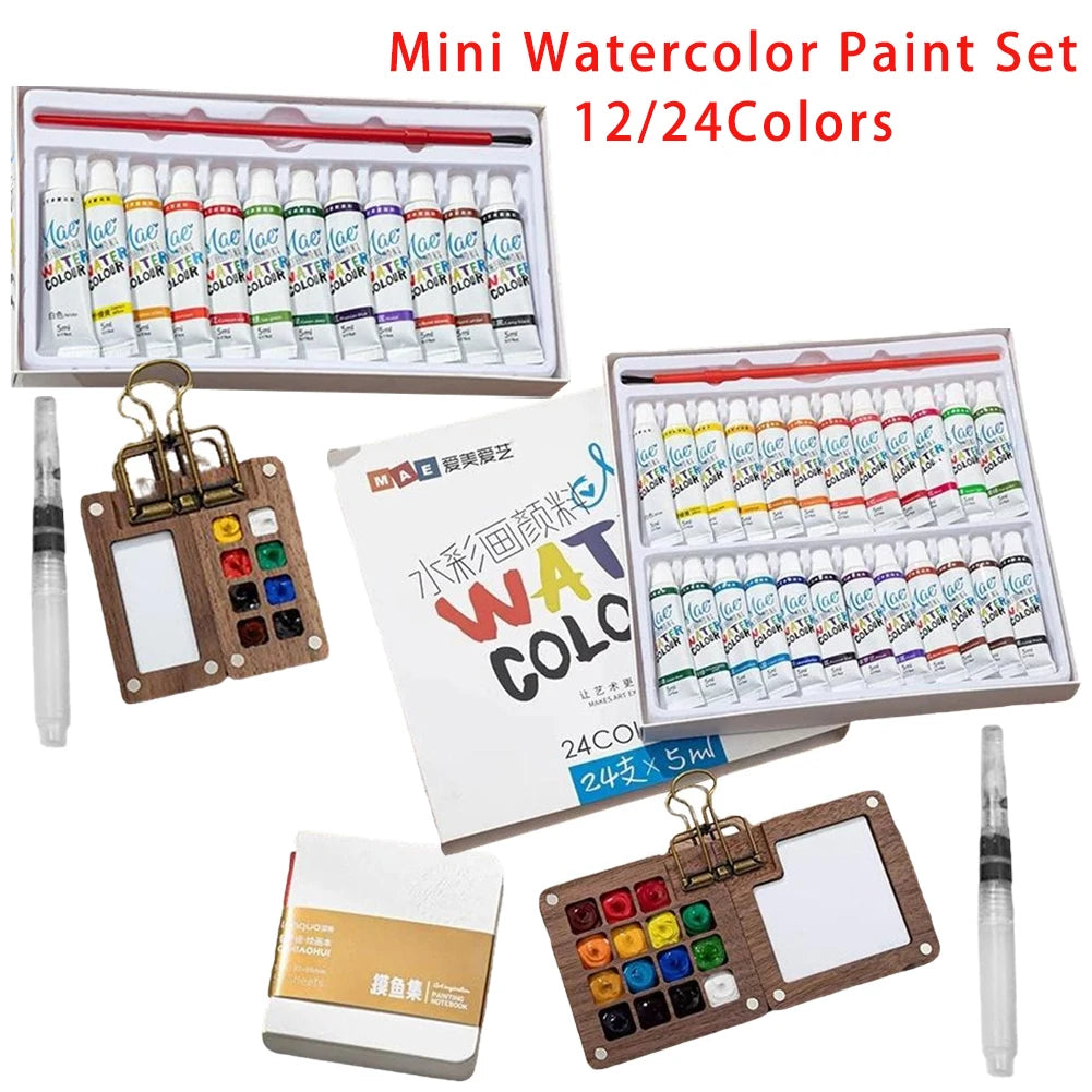 Mini Travel Watercolor Paint Set – Nano Wood Palette 12/24 Colors Watercolor Paint Set Axl