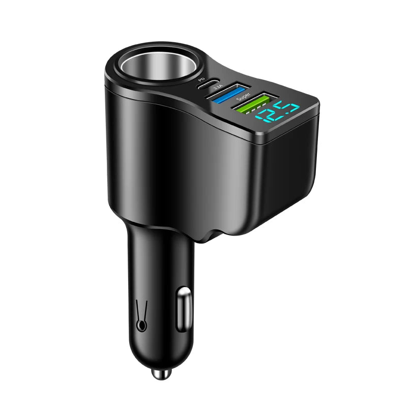 4-in-1 Car Charger – Dual USB + Type-C PD Fast Charging 12/24V Car Charger Adapter Axl CH98