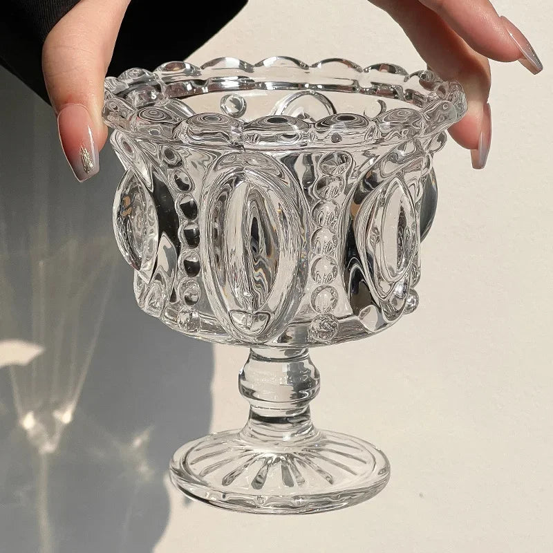 KEMORELA Retro Embossed Tall Glass Goblet – Black Crystal Cup Glass Goblet Set Axl Transparent
