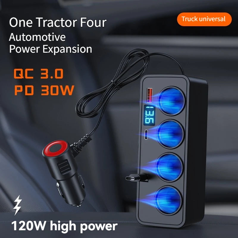 120W Car Charger – 4 Sockets & 3 USB Fast Charging Adapter Car Charger Adapter Axl