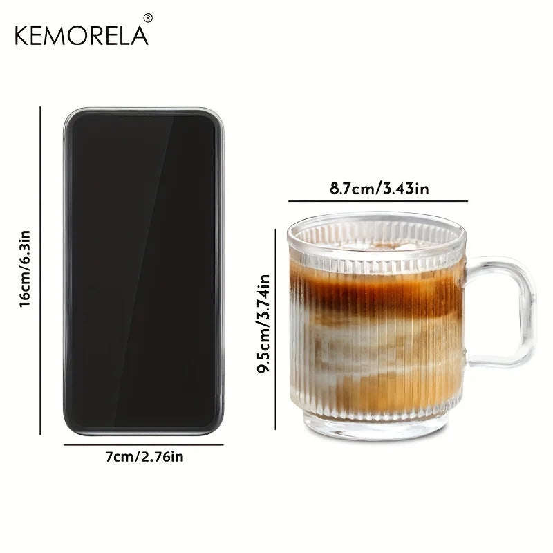 KEMORELA 350ml Vertical Grain Glass Coffee Cup with Handle Glass Coffee Cup Axl