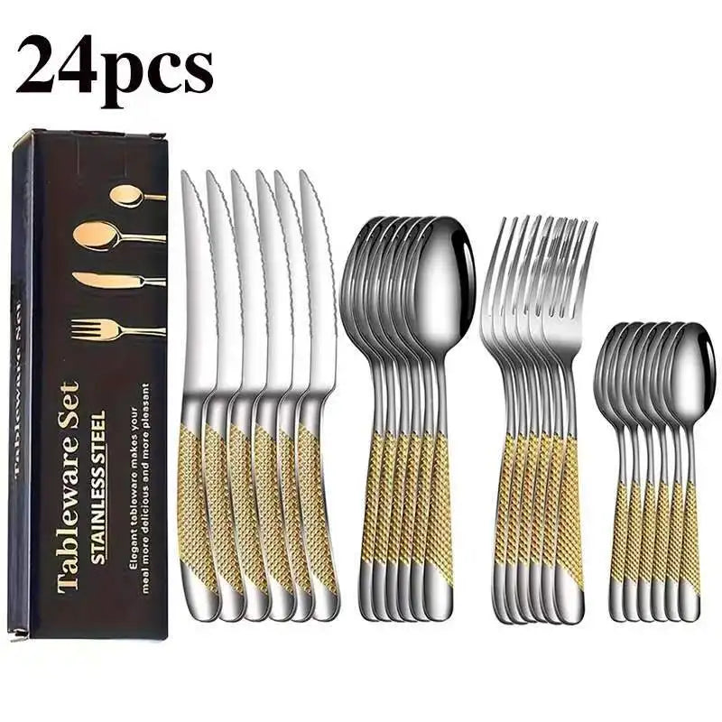 24-Piece Stainless Steel Cutlery Set – Outdoor Knife Fork Spoon Flatware Cutlery Set Axl 24pcs C