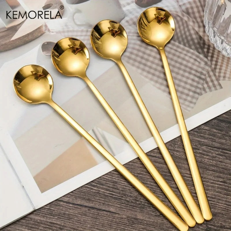 4-Piece Long Handle Stainless Steel Spoons – Gold & Silver Kitchen Spoon Set Axl