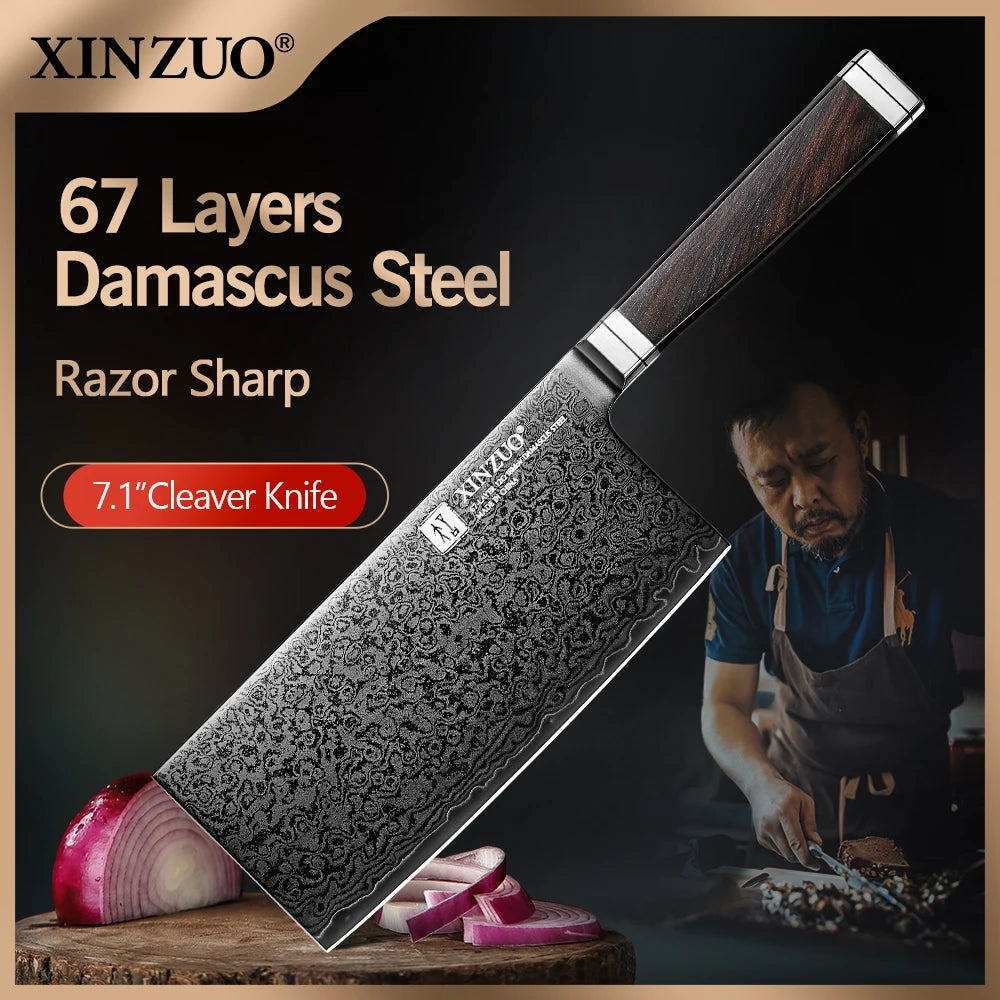 XINZUO 7" Damascus Steel Cleaver Knife – 67-Layer, 60 HRC Damascus Cleaver Knife Axl