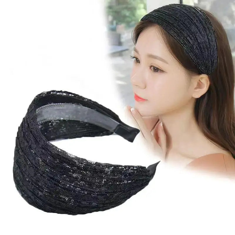 Flower Lace Mesh Wide Headband for Women – Korean Style Wide Lace Headband Axl