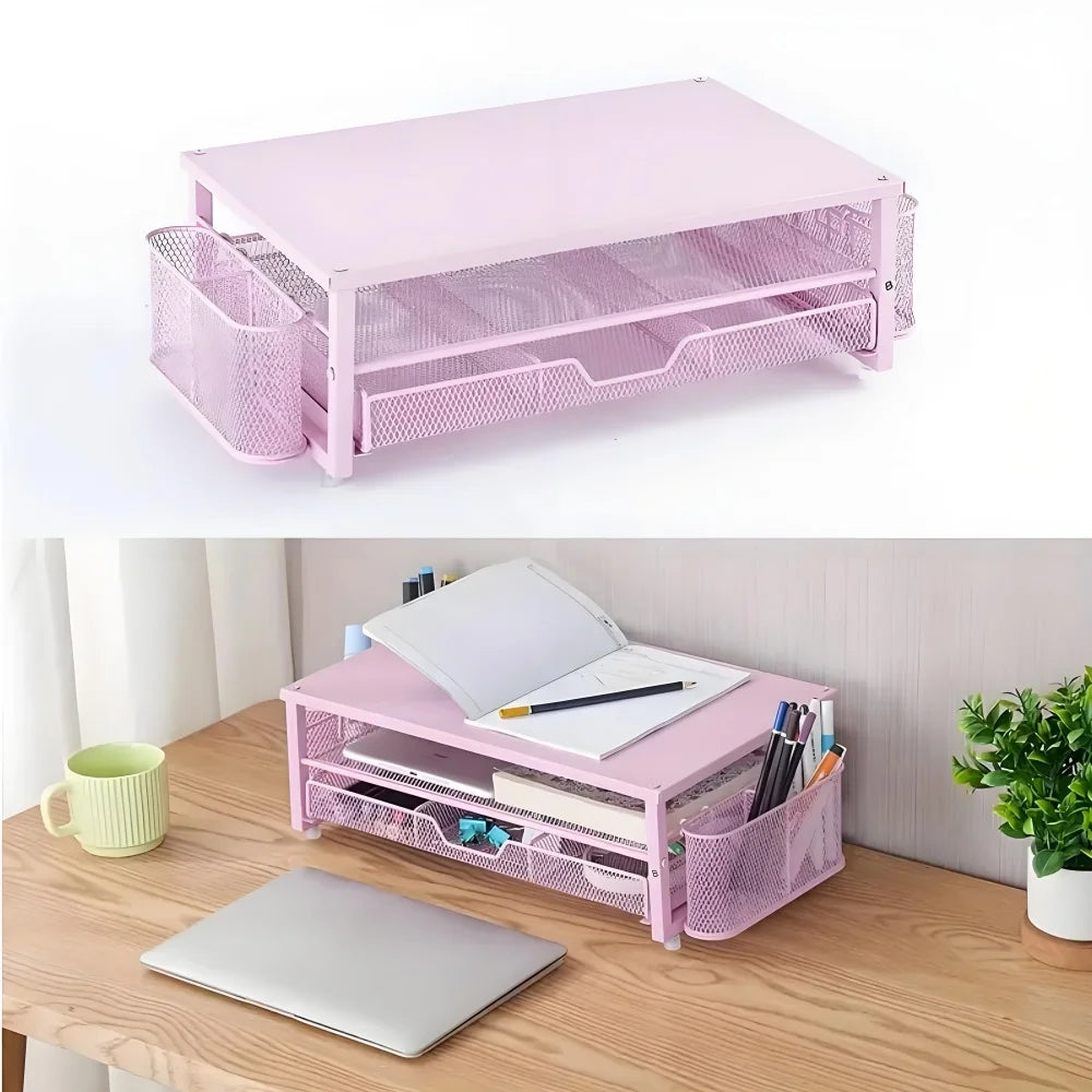 2-Tier Metal Monitor Stand Desk Organizer – Drawer & Pen Holder Monitor Stand Organizer Axl