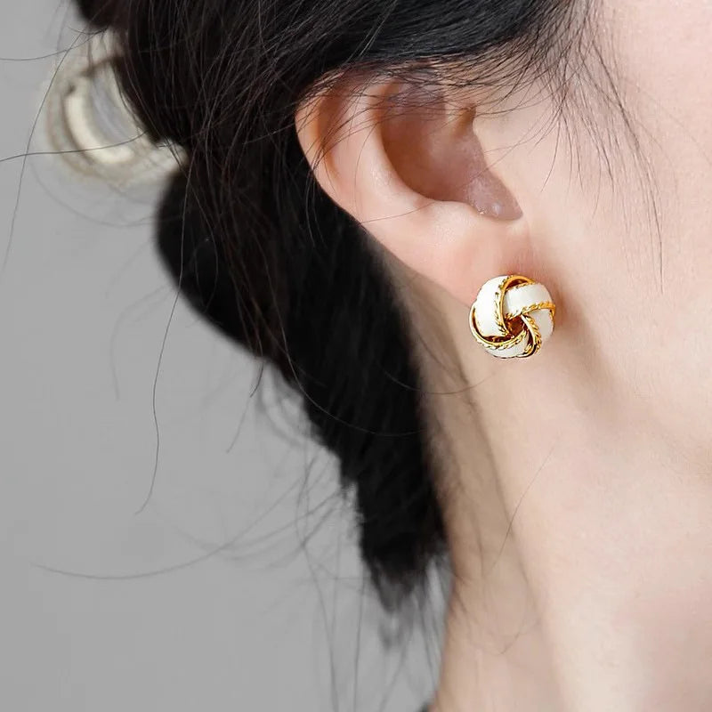 Huitan White Enamel Knot Stud Earrings – Gold Tone Women Stud Earrings Axl
