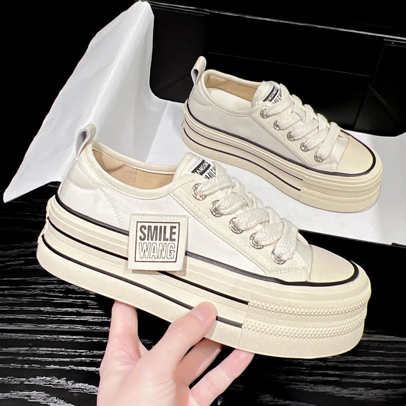 Women's Platform Canvas Sneakers – Casual Lace-Up Flats Canvas Flat Sneakers Axl white 40