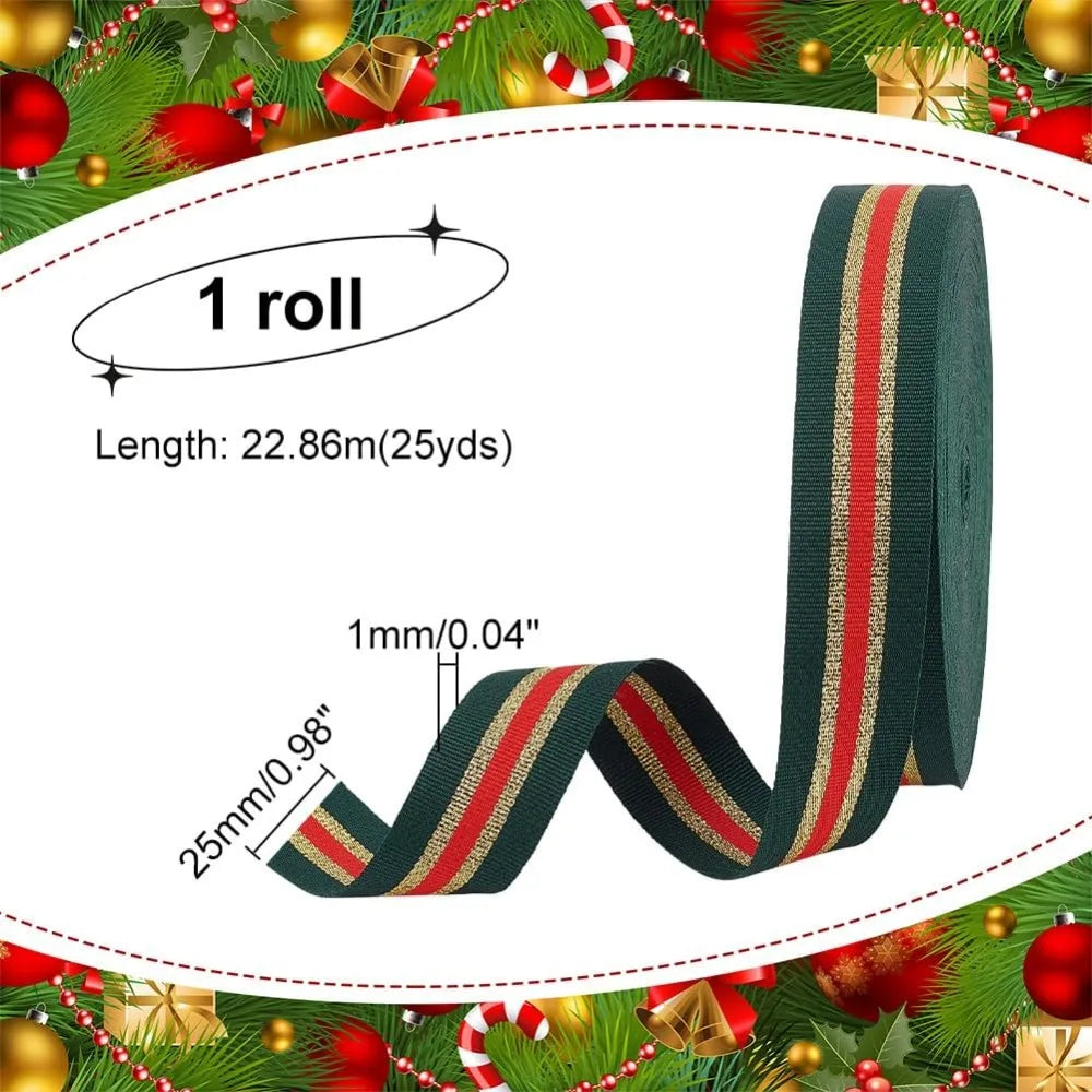 25 Yards Dark Green Glitter Stripe Ribbon – 1 Inch Polyester Craft Ribbon Axl