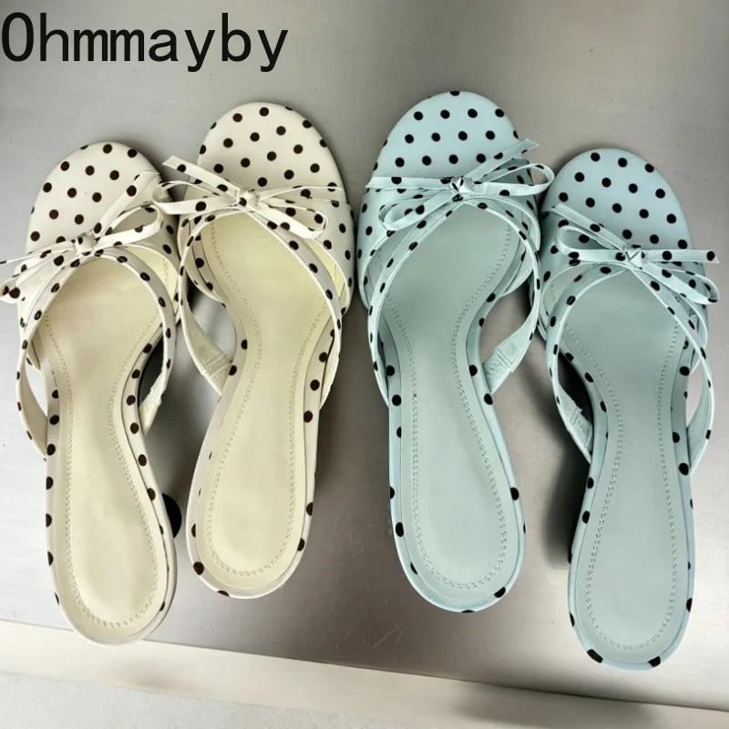Satin Butterfly-Knot Women's Slippers – Polka Dot Block Heels Block Heel Slippers Axl