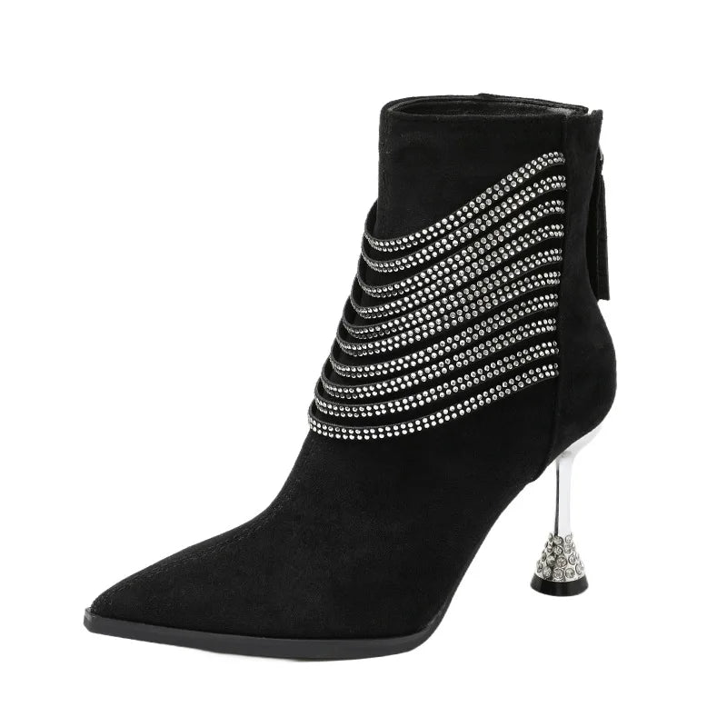 Women's Rhinestone Chain Ankle Boots – Pointed Toe High Heels Ankle Boots Axl black 35