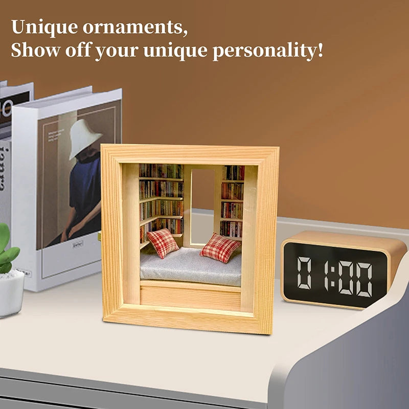 DIY Mini Library Book Nook Kit – Wooden Micro Landscape Shelf DIY Model Kit Axl
