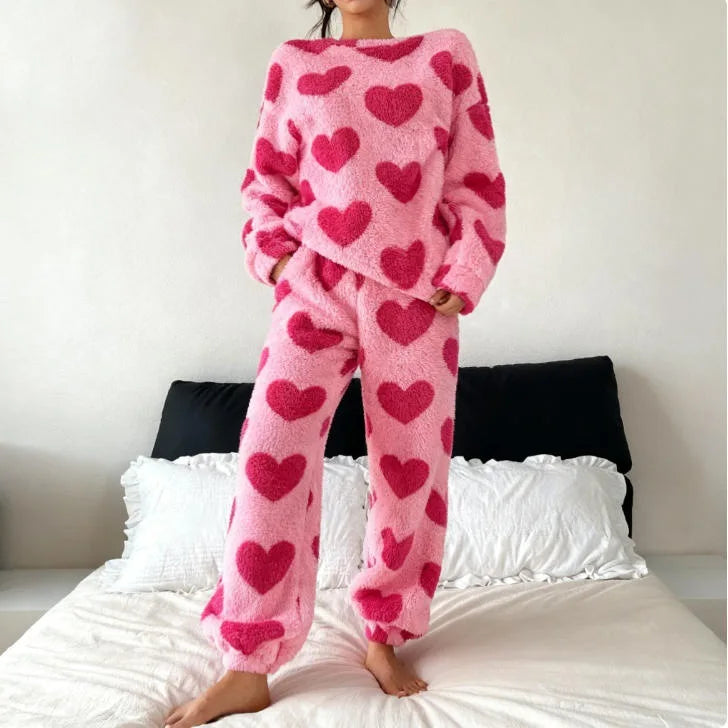 Women's Pink Heart Coral Fleece Pajama Set – Warm 2Pc Loungewear Pajama Set Axl pink 1XL