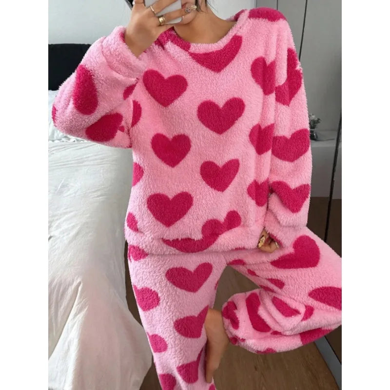 Women's Pink Heart Coral Fleece Pajama Set – Warm 2Pc Loungewear Pajama Set Axl