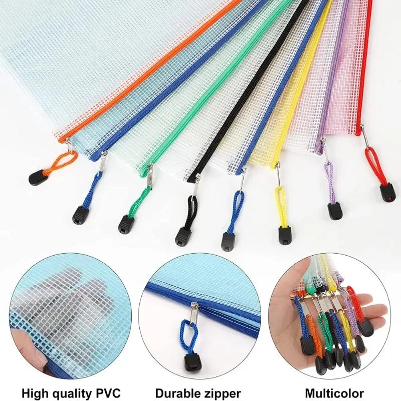 PVC Transparent Mesh Zipper File Bags | 1 or 3 Pack Storage Zipper File Bag Axl