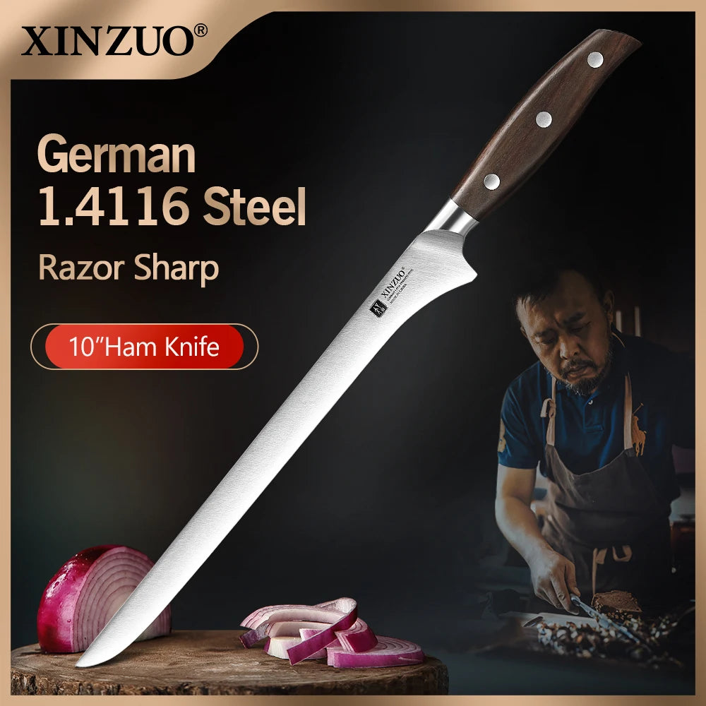 XINZUO 10" Ham Slicing Knife – German 1.4116 Steel Sandalwood Ham Slicing Knife Axl 10 inch