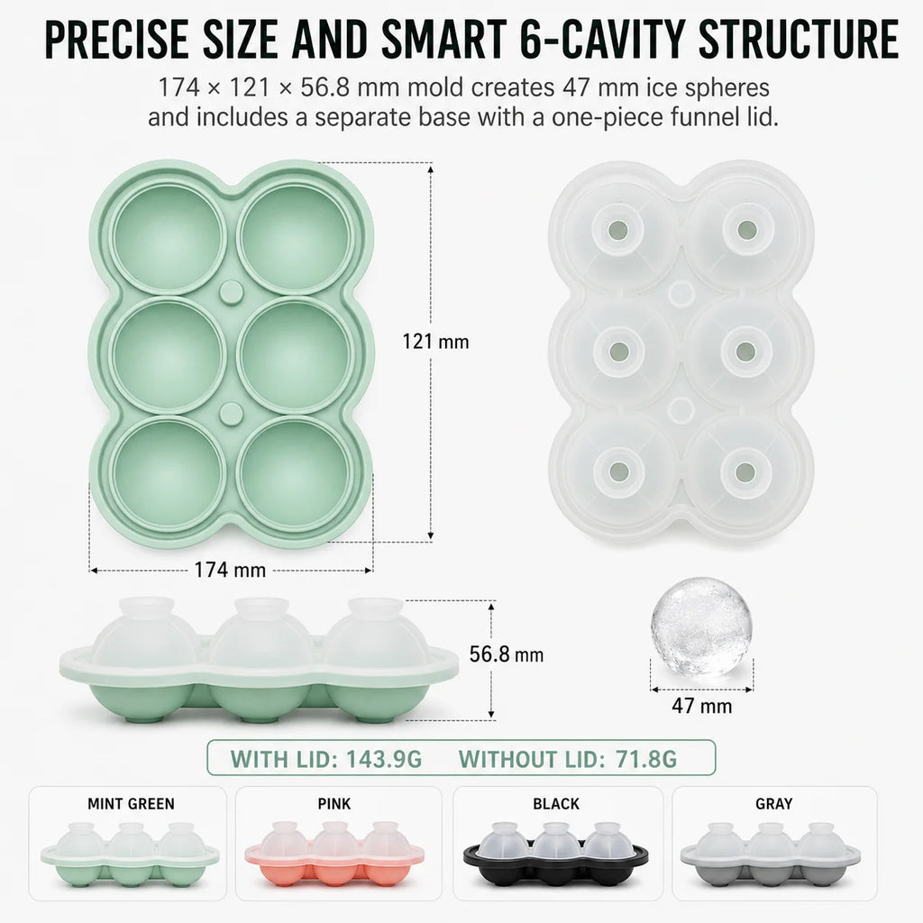 6-Sphere Silicone Ice Ball Maker Tray with Funnel Lid | Bar Silicone Ice Ball Tray Axl