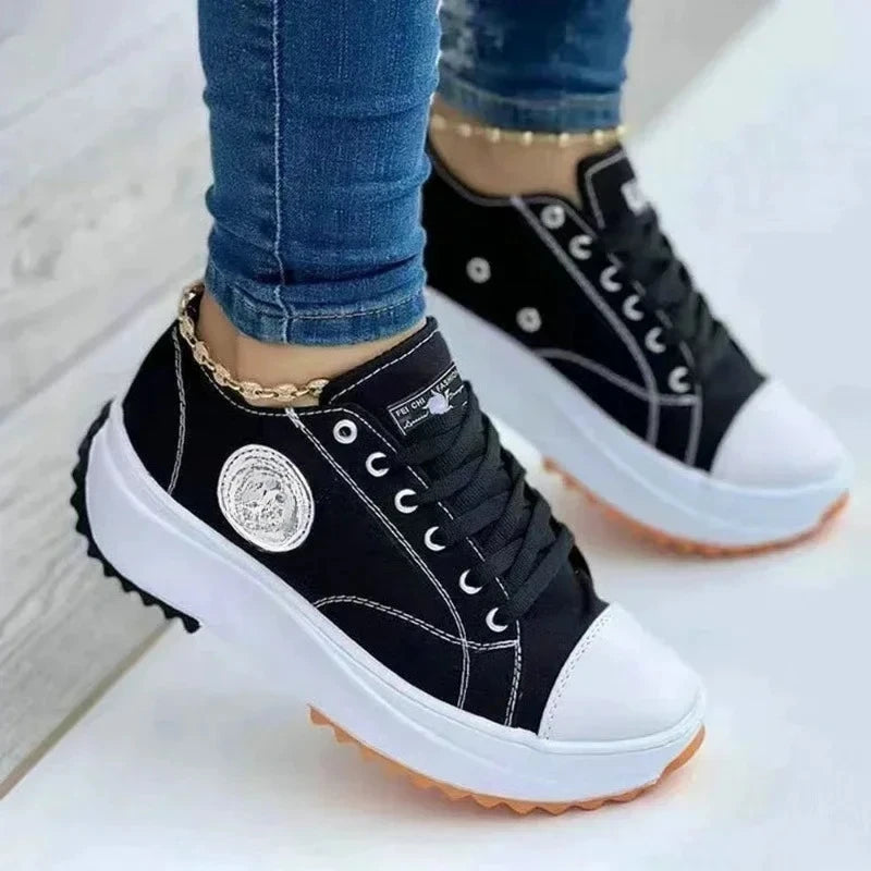 Women's Canvas Lace-Up Sneakers – Flat Casual Walking Shoes Canvas Sneakers Axl black 43