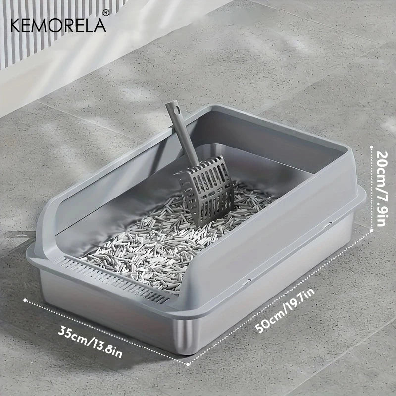KEMORELA XL Stainless Steel Cat Litter Box with Lid & Scoop Cat Litter Box Axl Light Gray L S