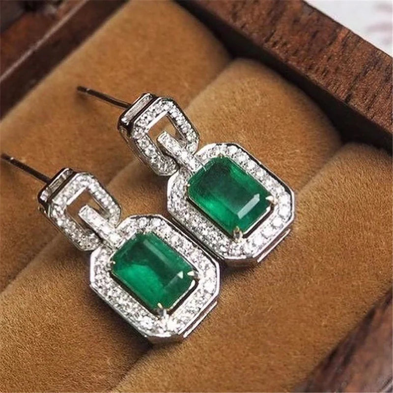 Huitan Vintage Green CZ Geometric Dangle Earrings for Women CZ Dangle Earrings Axl