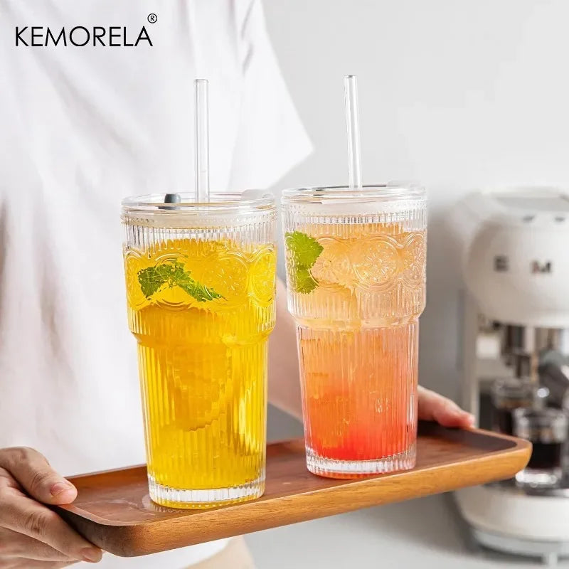 KEMORELA 600ml Floral Glass Tumblers with Lid & Straw Glass Tumbler Set Axl