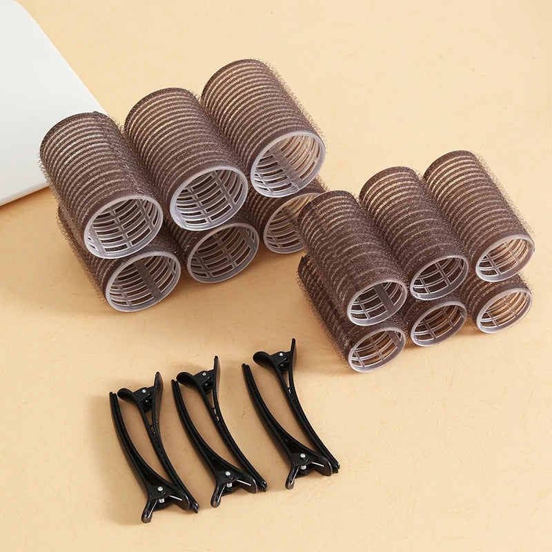 Self-Grip Hair Rollers 12Pc + Clips – No-Heat DIY Curlers Hair Rollers Set Axl Coffee