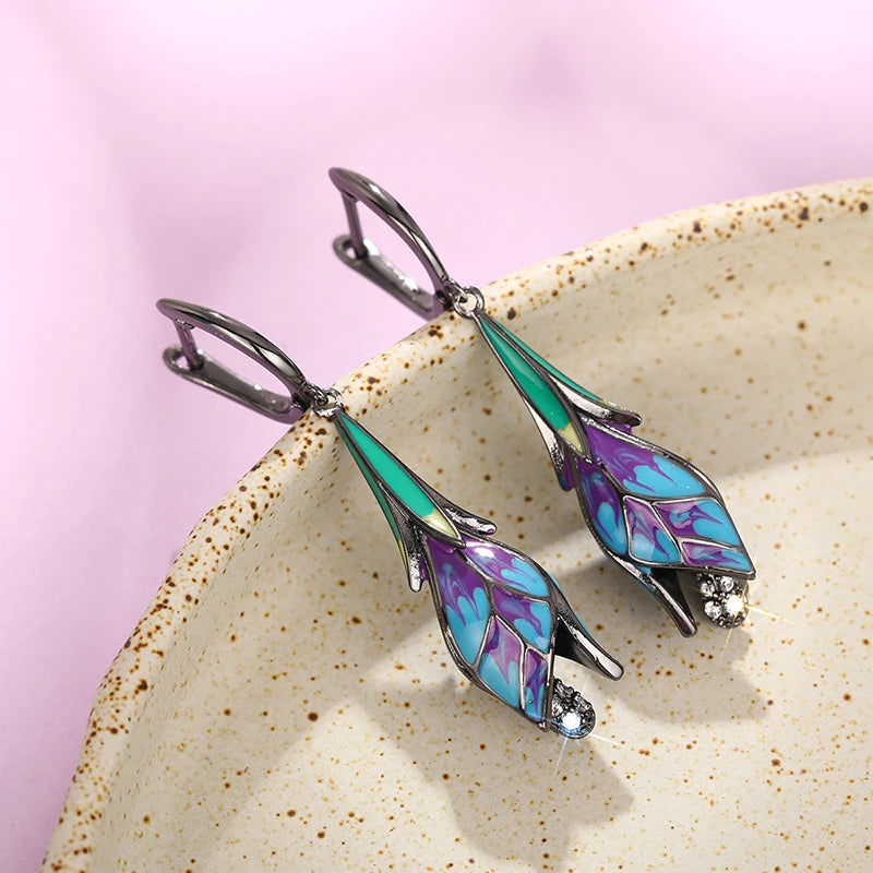 Huitan Black Tulip Flower Dangle Earrings | Women's Jewelry Dangle Drop Earrings Axl