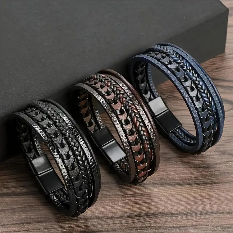 Men's Multilayer Braided Leather Wrap Bracelet | Magnetic Buckle Leather Wrap Bracelet Axl