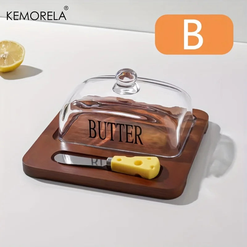 KEMORELA Wood Butter Dish with Glass Lid & Knife | Cheese Plate Butter Dish Set Axl B