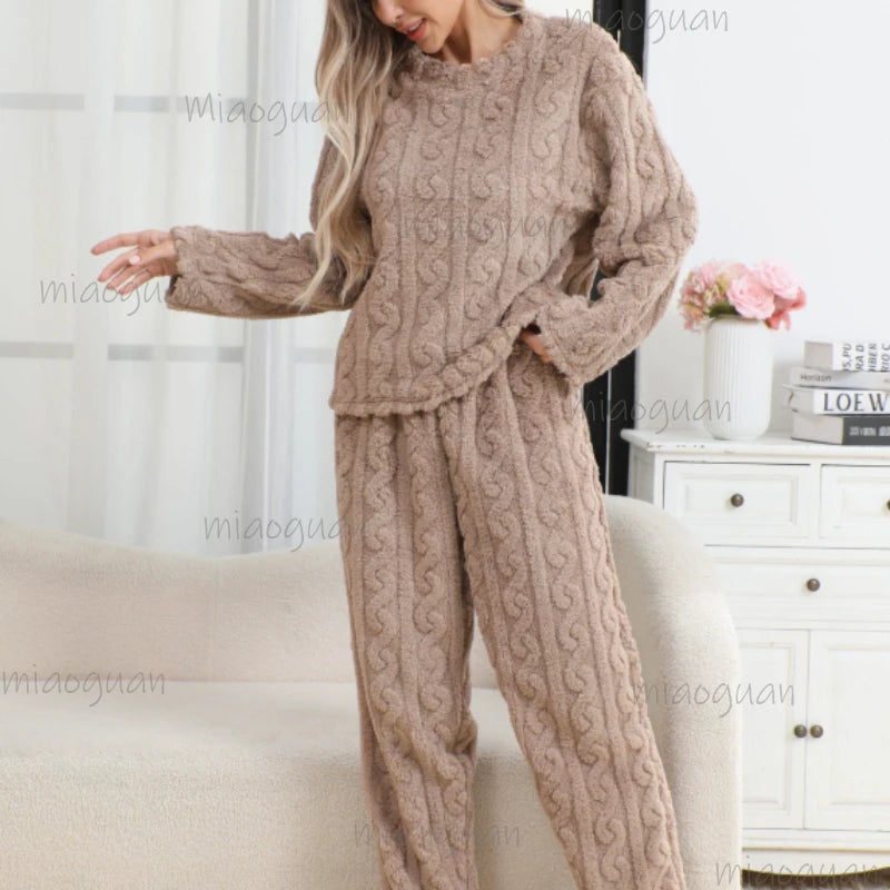 Women's Winter Coral Velvet Pajama Set – Warm Soft Loungewear Women's Pajama Set Axl Coffee 1XL