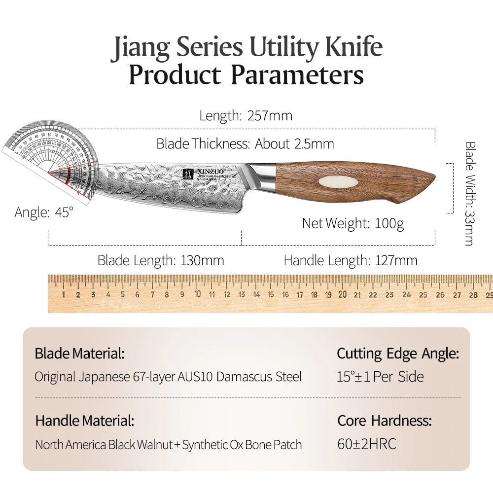 XINZUO 5" AUS10 Damascus Utility Knife – Walnut Handle Damascus Utility Knife Axl