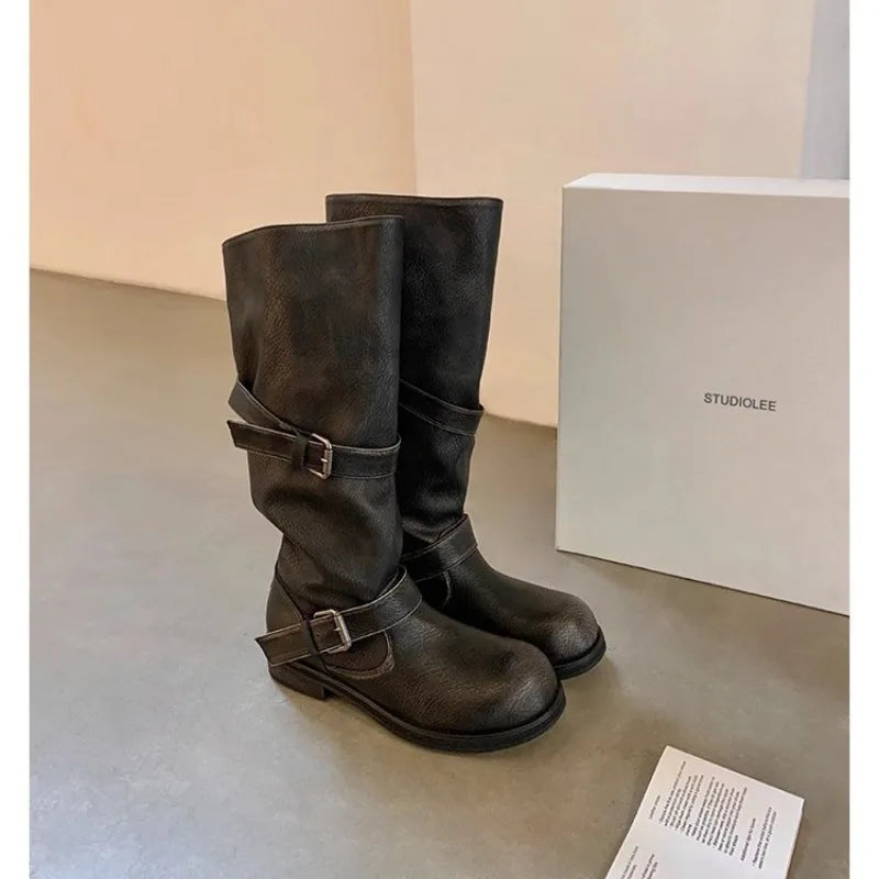 Women's Punk Gothic Platform Knee-High Boots | Buckle Strap Platform Knee-High Boots Axl Brown (4 cm) 35