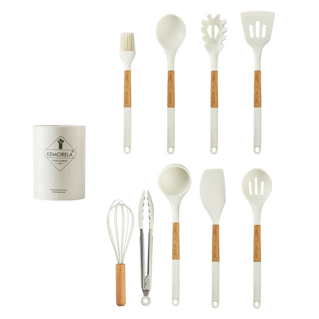 KEMORELA 10/13 PCS Silicone Kitchen Utensil Set Wooden Handle Silicone Utensil Set Axl White-10PCS